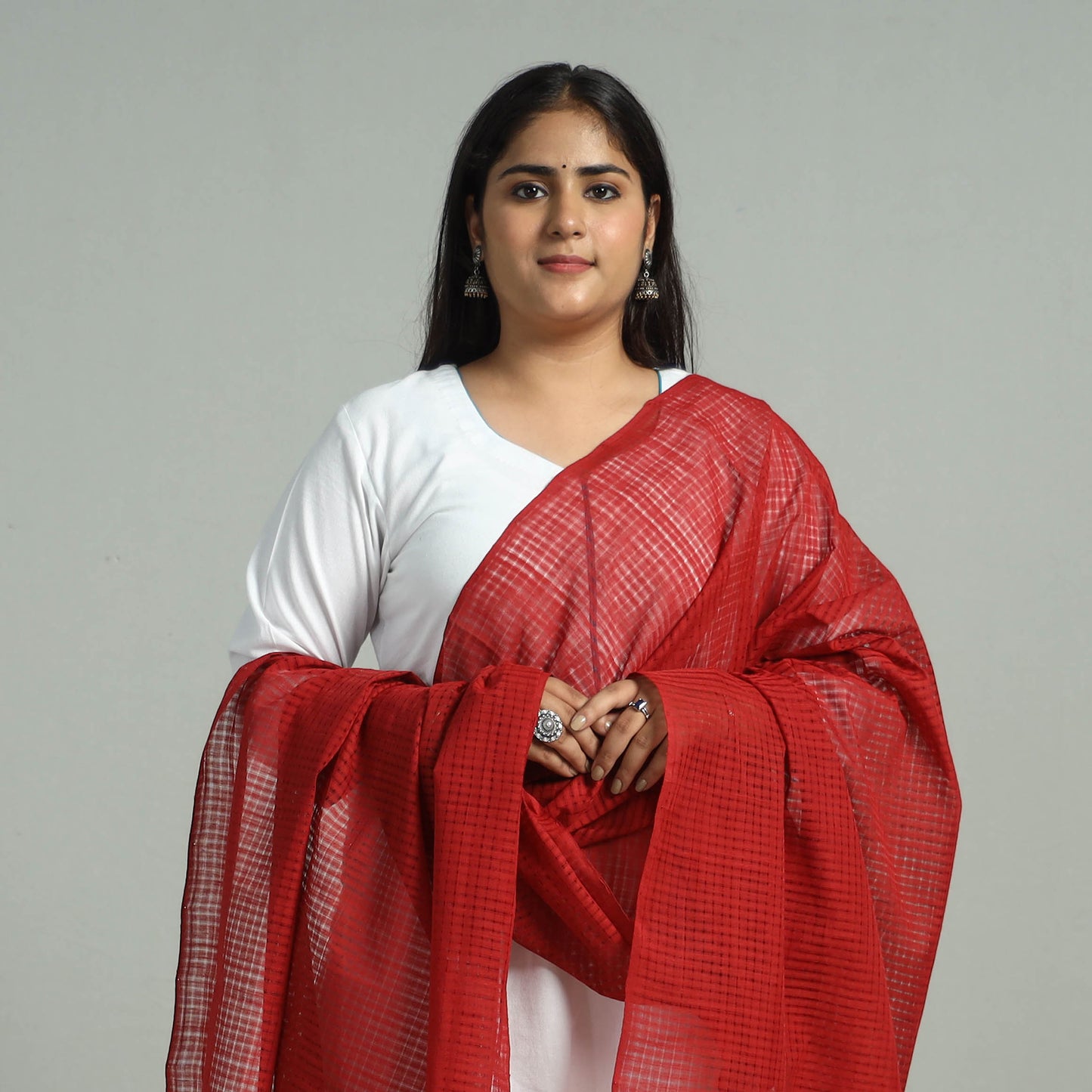 Red - Handloom Missing Checks Cotton Mangalagiri Dupatta 07