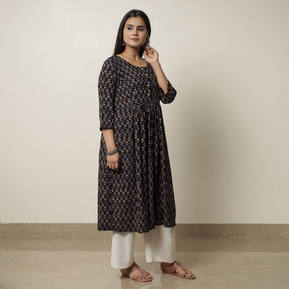 Black - Ajrakh Block Printed Cotton Flared Kurta 04