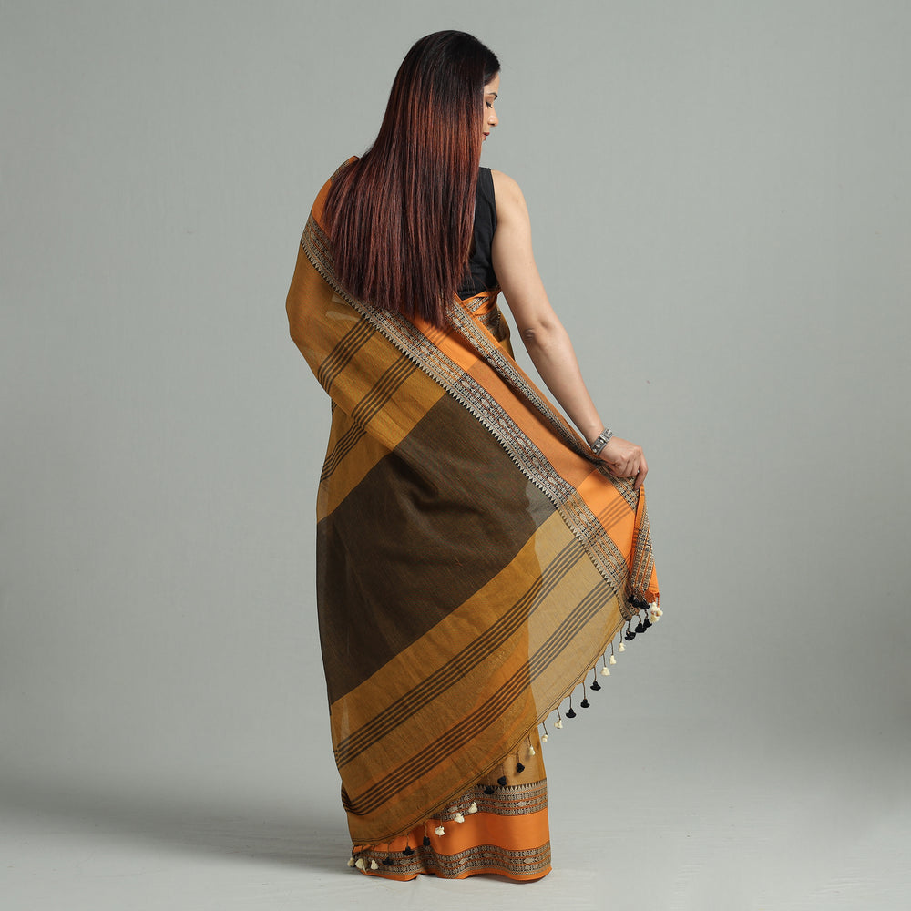 Brown - Bengal Woven Border Handloom Pure Cotton Saree 60