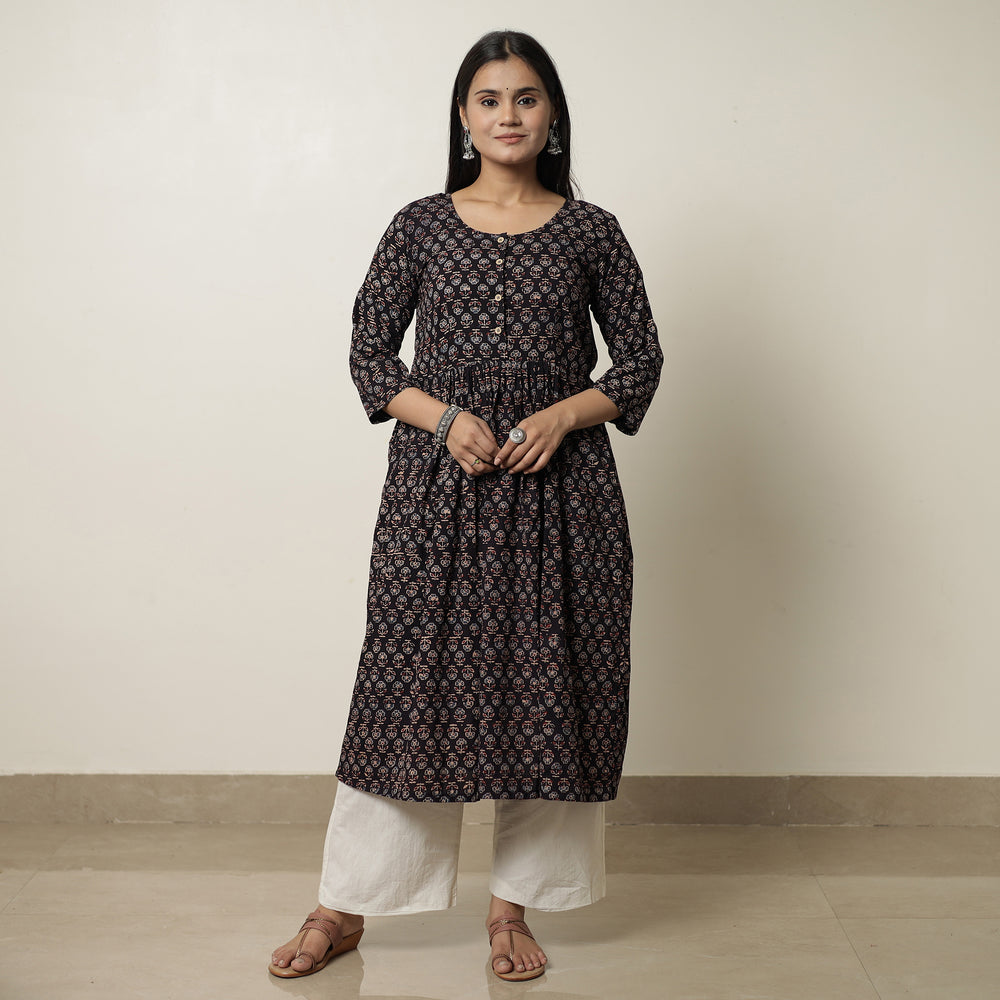 Black - Ajrakh Block Printed Cotton Flared Kurta 04