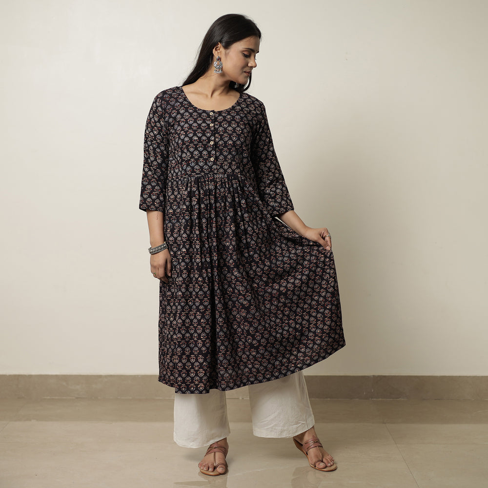 Black - Ajrakh Block Printed Cotton Flared Kurta 04