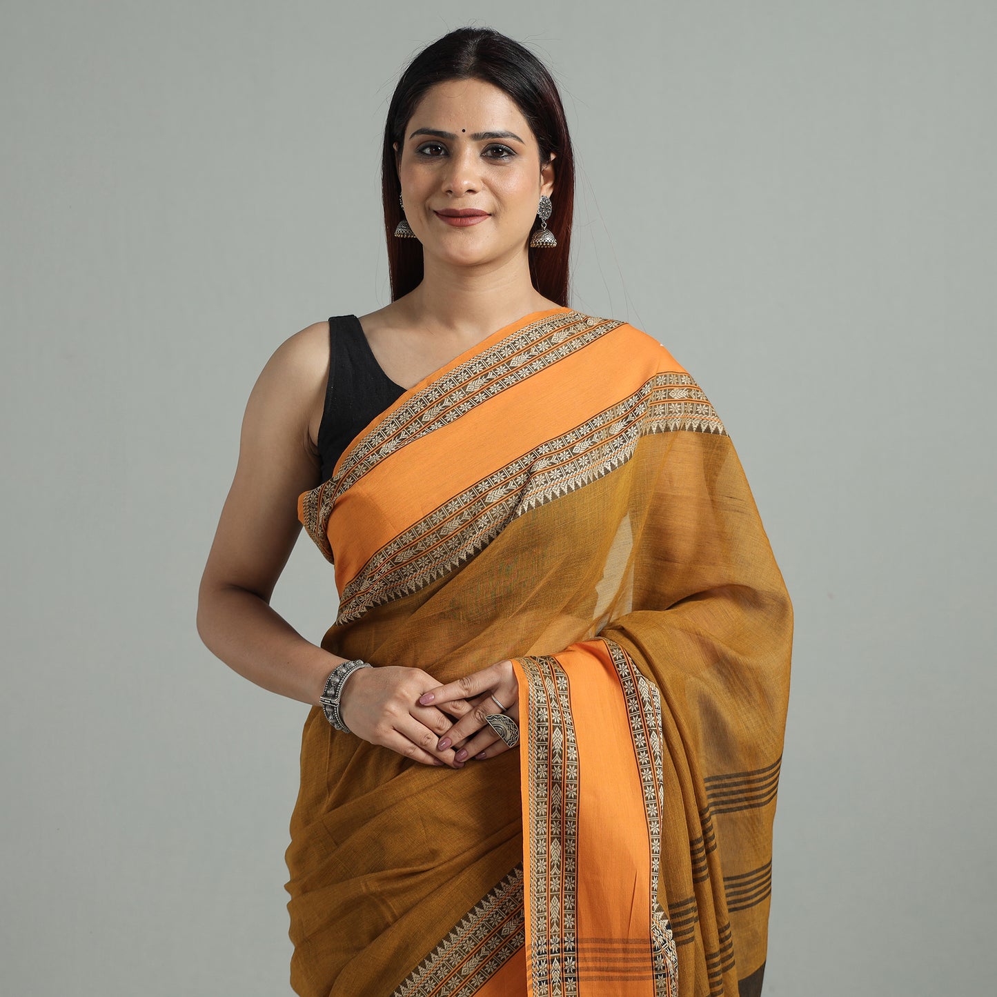 Brown - Bengal Woven Border Handloom Pure Cotton Saree 60