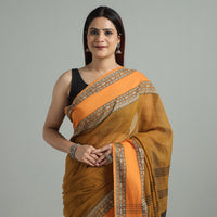 Brown - Bengal Woven Border Handloom Pure Cotton Saree 60