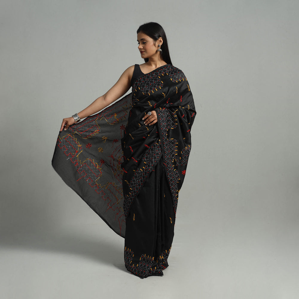 Black - Handcrafted Bengal Nakshi Kantha Work Silk Saree 43