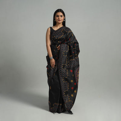 Black - Handcrafted Bengal Nakshi Kantha Work Silk Saree 43