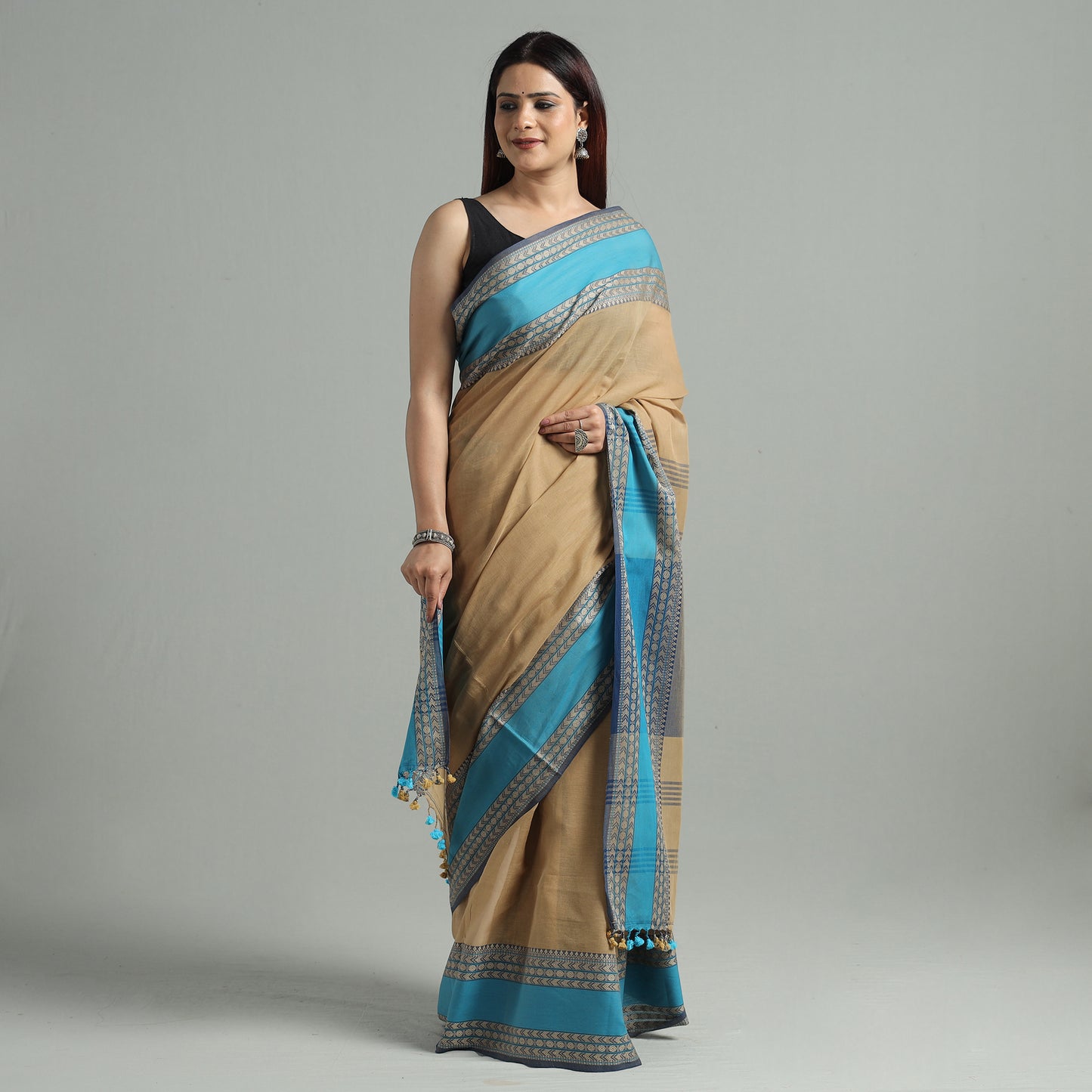 Brown - Bengal Woven Border Handloom Pure Cotton Saree 61