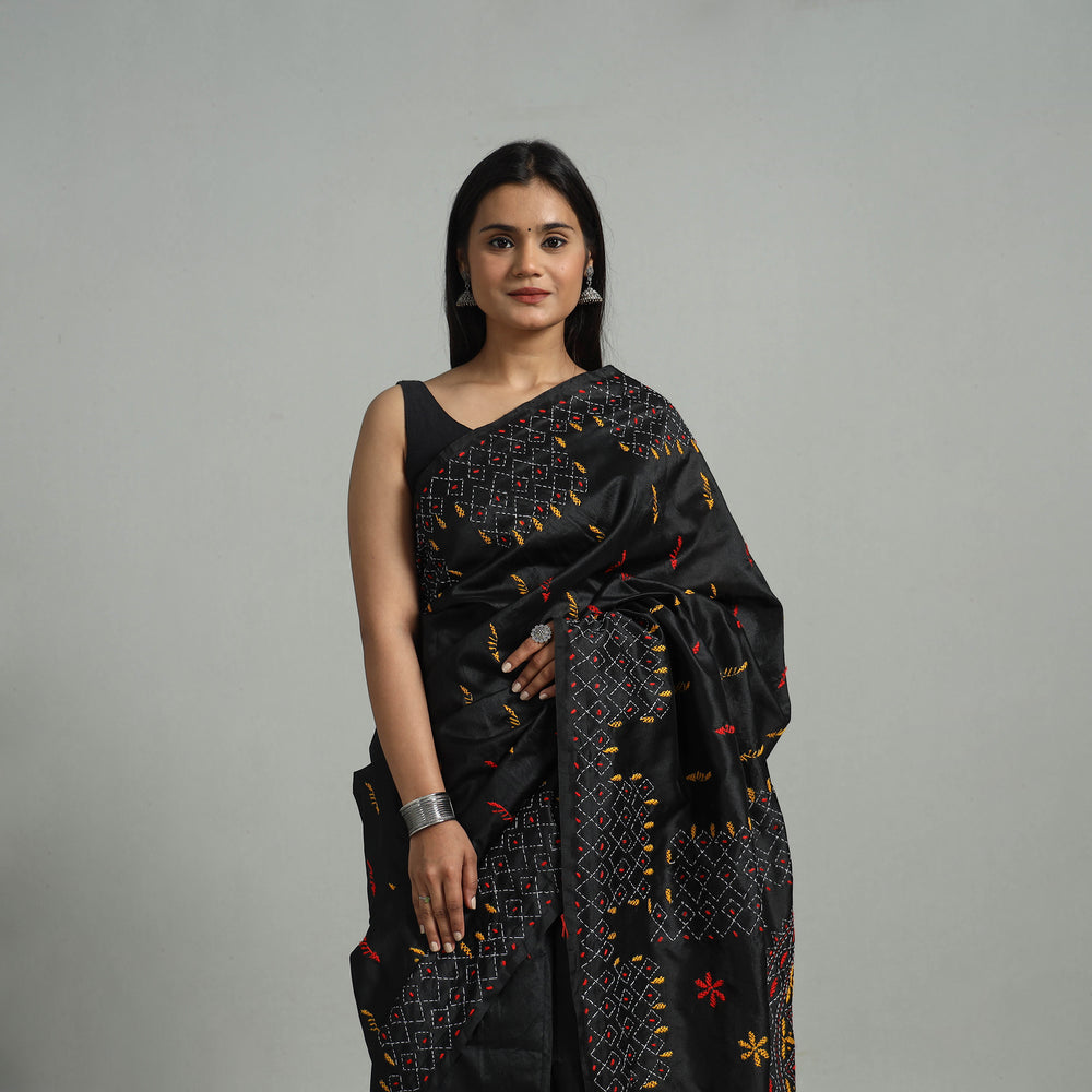 Black - Handcrafted Bengal Nakshi Kantha Work Silk Saree 43