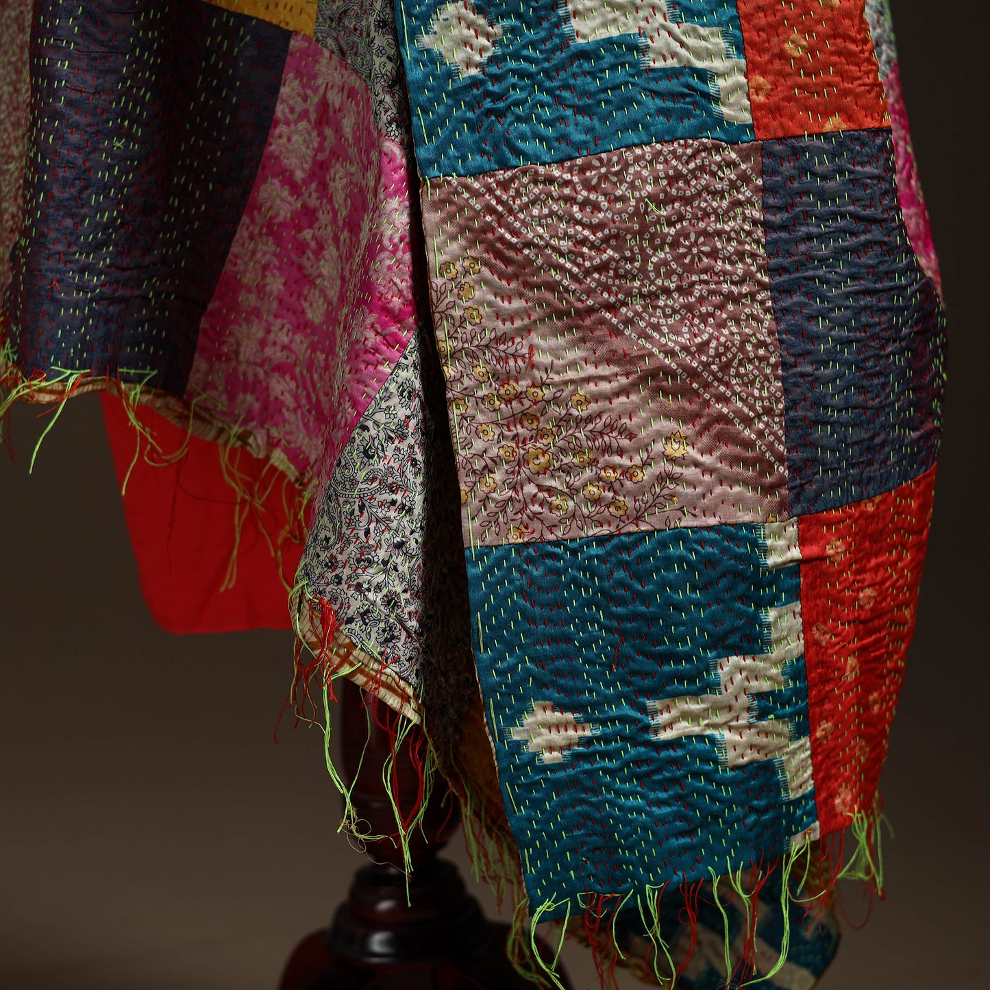 Multicolor - Bengal Hand Embroidery Patchwork Reversible Silk Kantha Dupatta 82