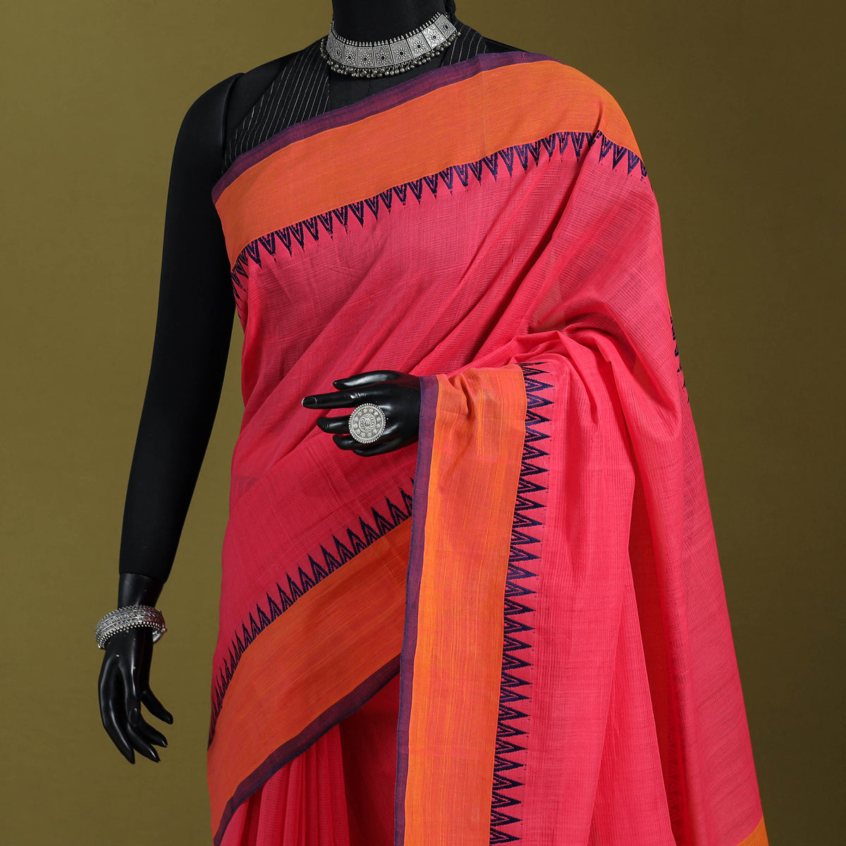 Orange - Handloom Cotton Thread Border Mangalagiri Saree 36