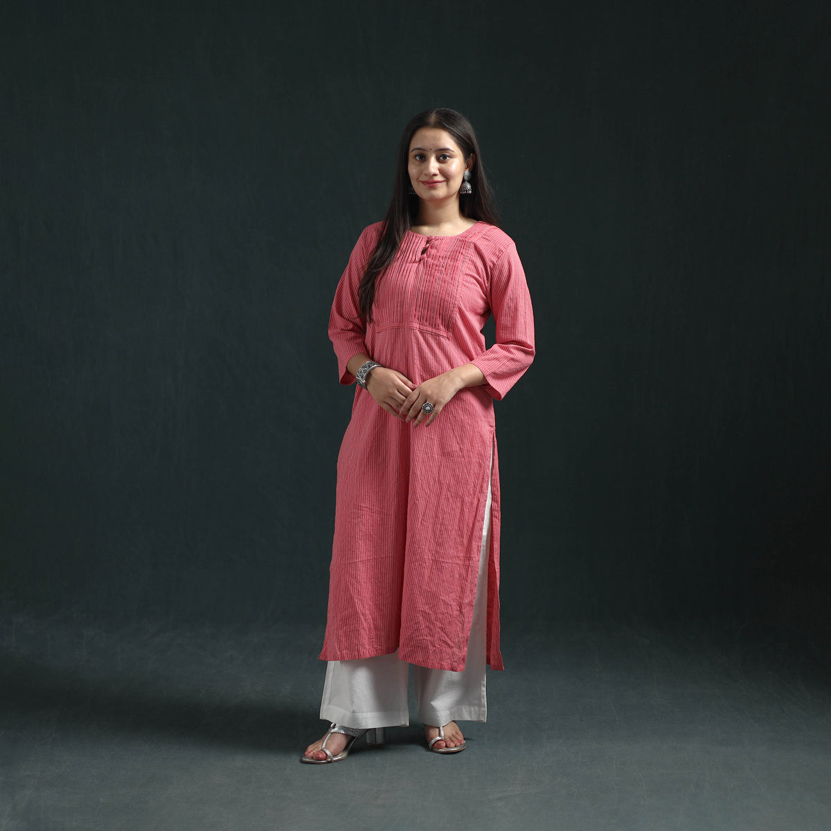 Plain Running Stitch Pintuck Cotton Straight Long Kurta for women 01