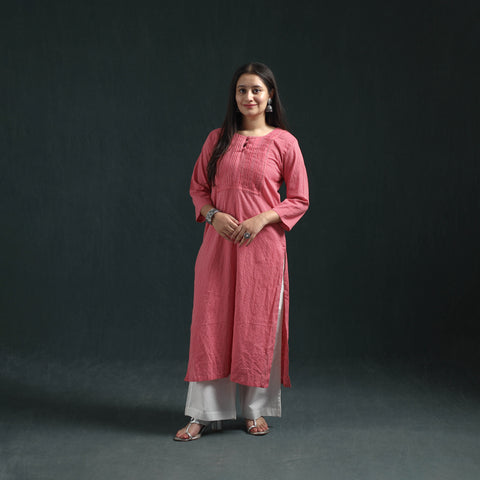 Plain Running Stitch Pintuck Cotton Straight Long Kurta for women 01