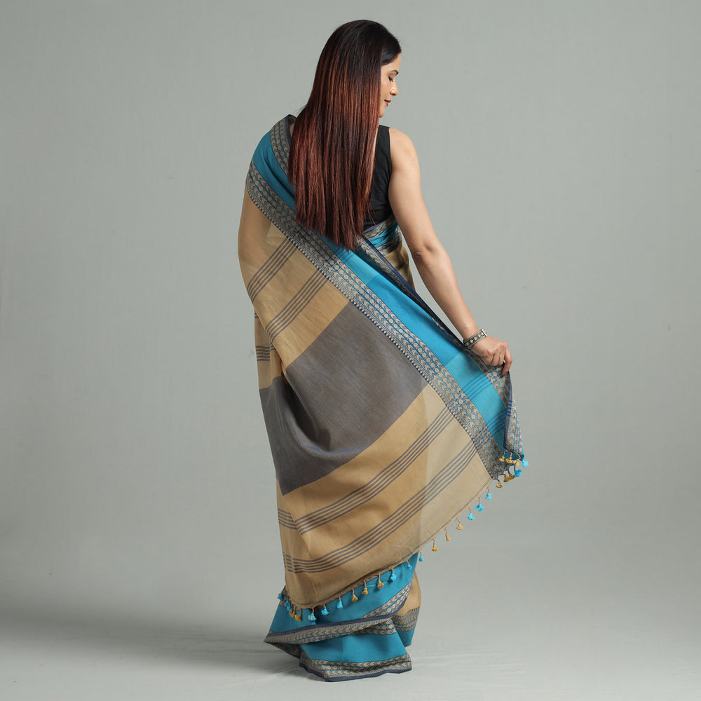 Brown - Bengal Woven Border Handloom Pure Cotton Saree 61