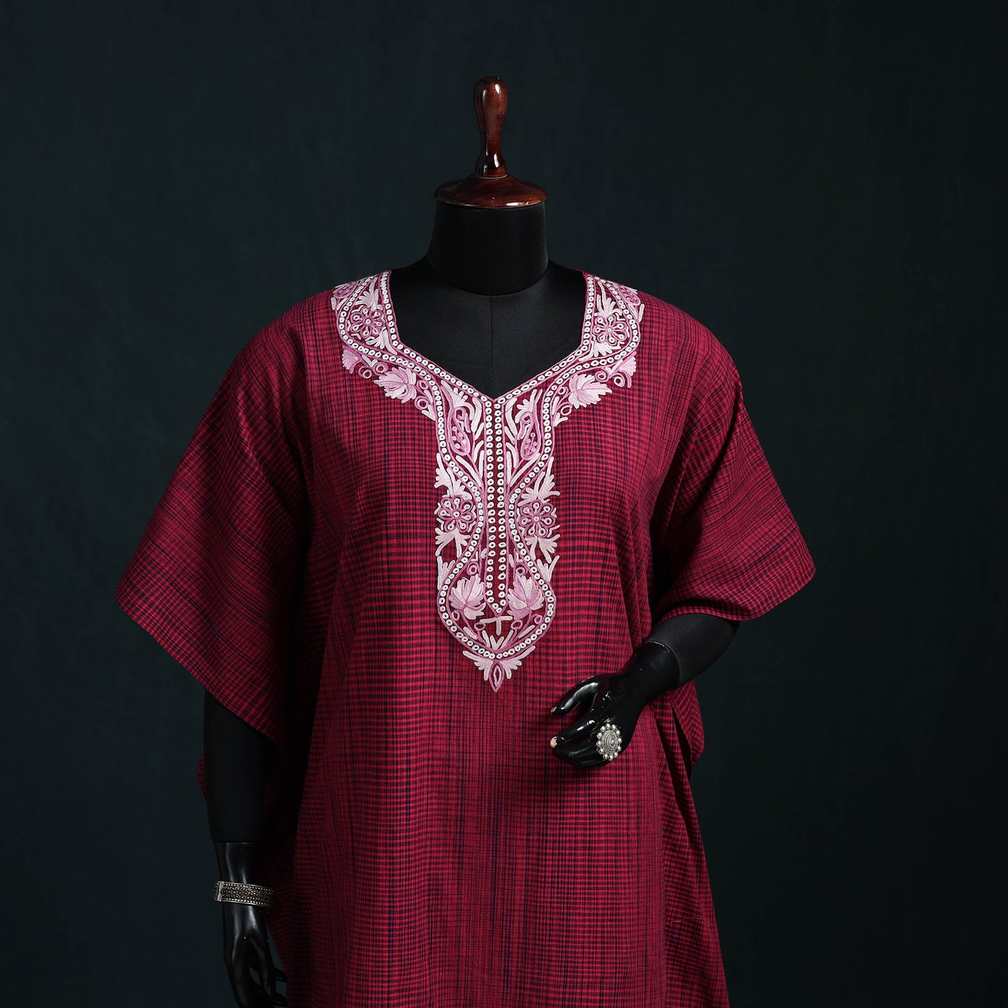 Pink - Kashmiri Aari Hand Embroidered Cotton Kaftan (Medium) 29