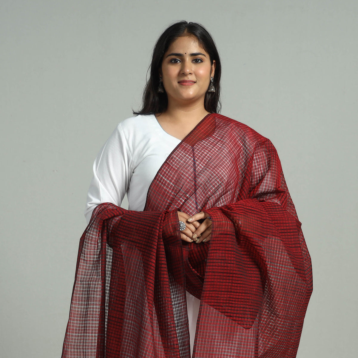 Maroon - Handloom Missing Checks Cotton Mangalagiri Dupatta 10