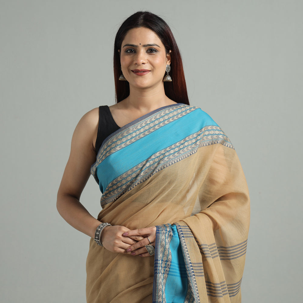 Brown - Bengal Woven Border Handloom Pure Cotton Saree 61