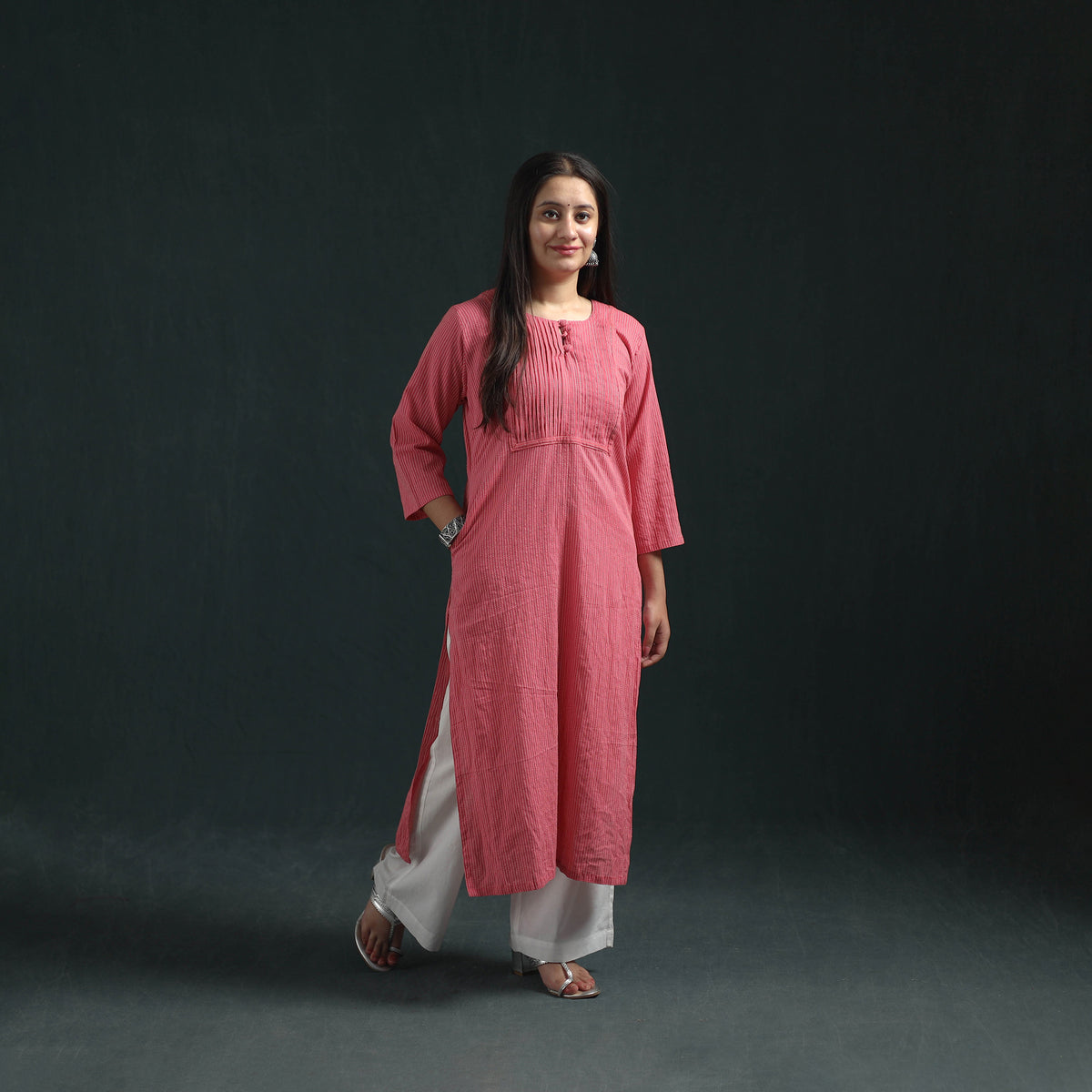Plain Running Stitch Pintuck Cotton Straight Long Kurta for women 01
