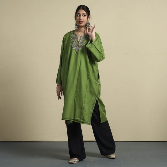 Green - Sozni Embroidery Kashmiri Cashmilon Wool Pheran
