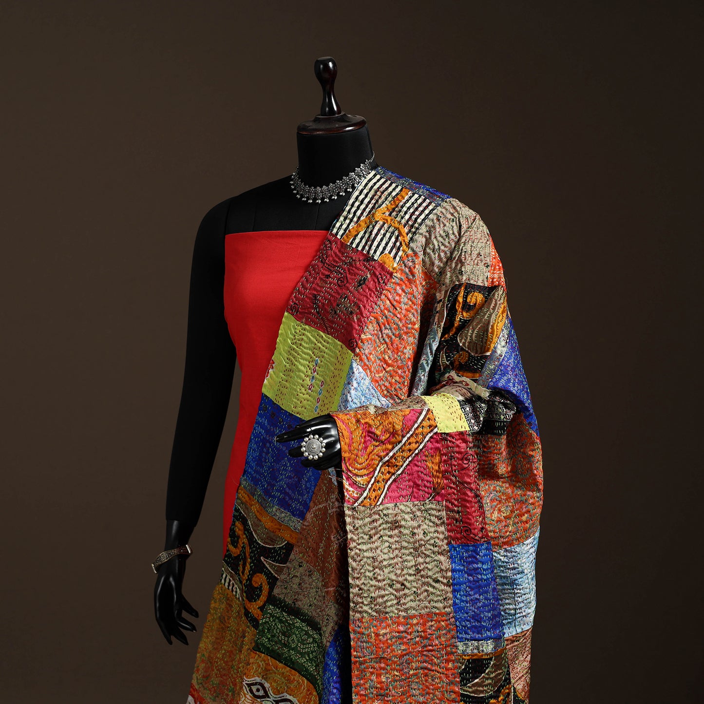 Bengal Hand Embroidery Patchwork Reversible Silk Kantha Dupatta 83