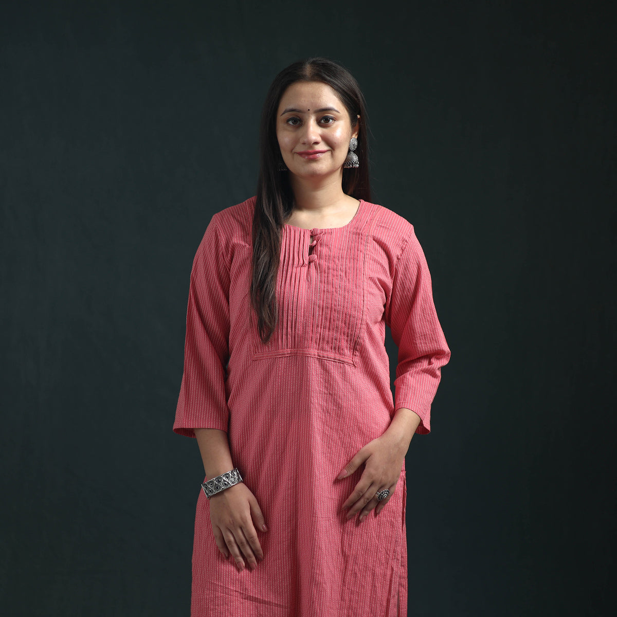 Plain Running Stitch Pintuck Cotton Straight Long Kurta for women 01