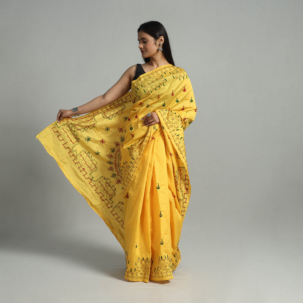 Yellow - Handcrafted Bengal Nakshi Kantha Work Silk Saree 20