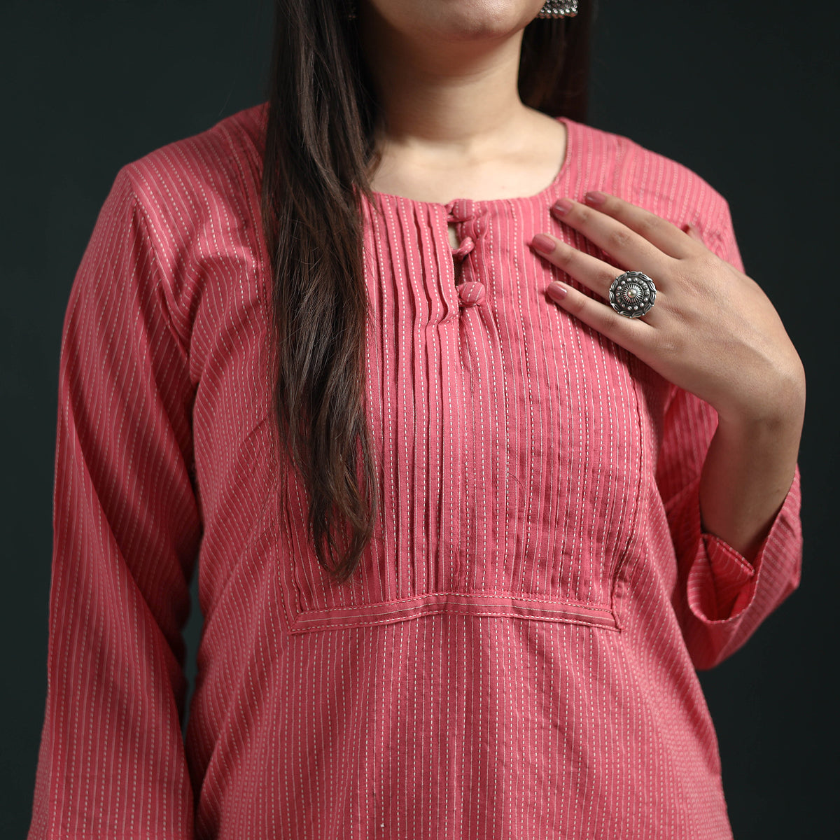 Plain Running Stitch Pintuck Cotton Straight Long Kurta for women 01