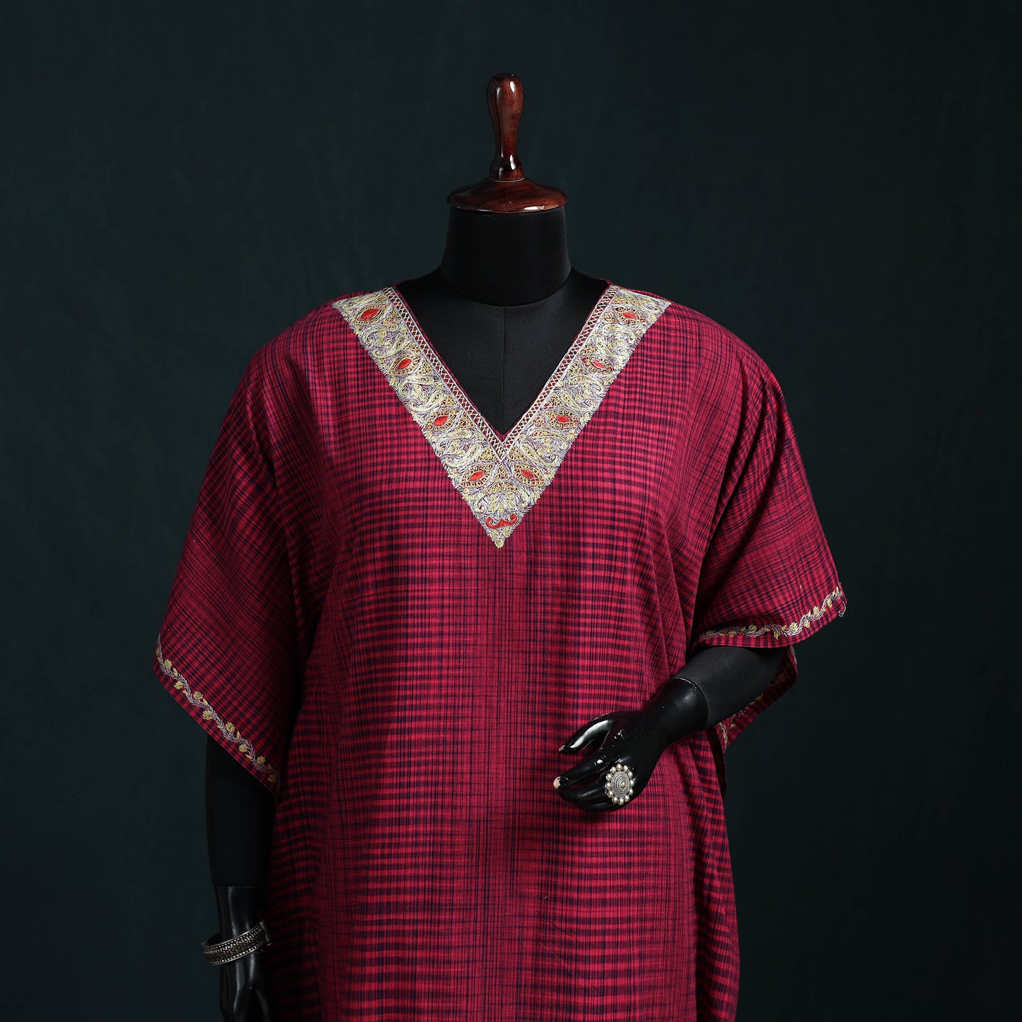 Pink - Kashmiri Sozni Hand Embroidered Cotton Kaftan (Medium) 30