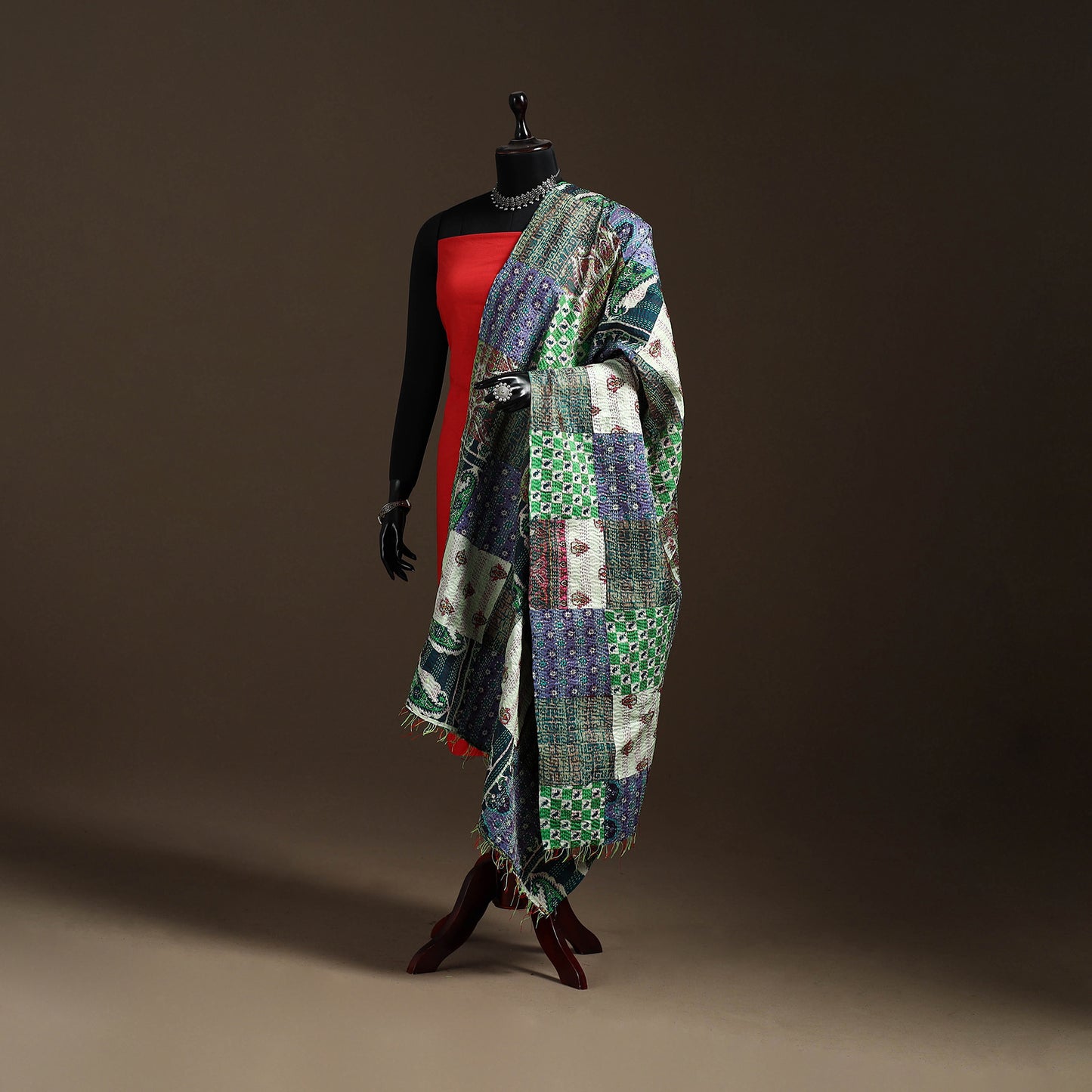 Multicolor - Bengal Hand Embroidery Patchwork Reversible Silk Kantha Dupatta 84