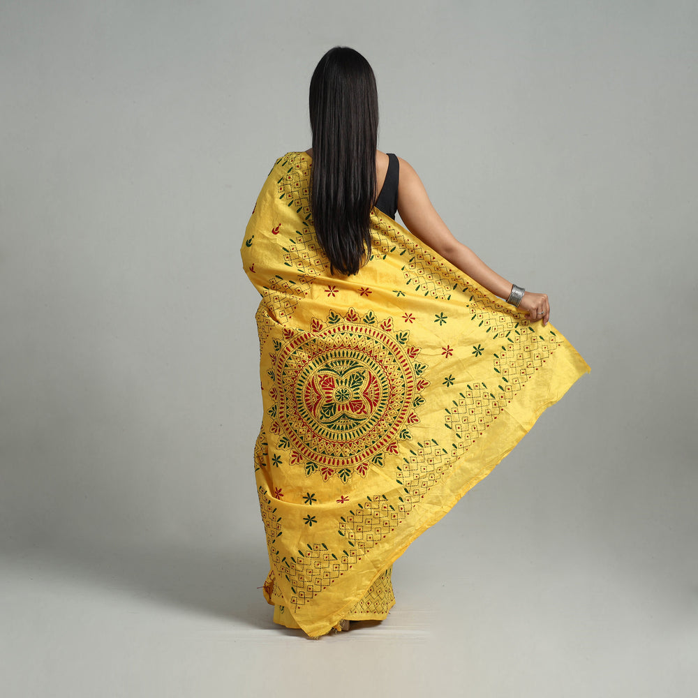 Yellow - Handcrafted Bengal Nakshi Kantha Work Silk Saree 20