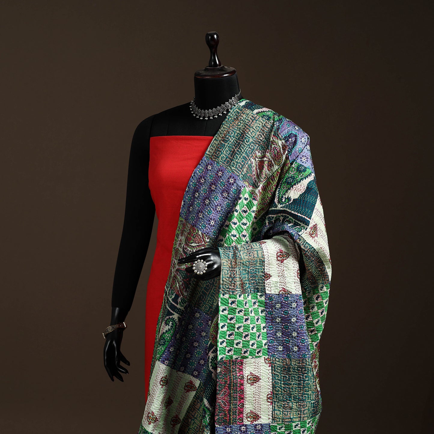 Multicolor - Bengal Hand Embroidery Patchwork Reversible Silk Kantha Dupatta 84