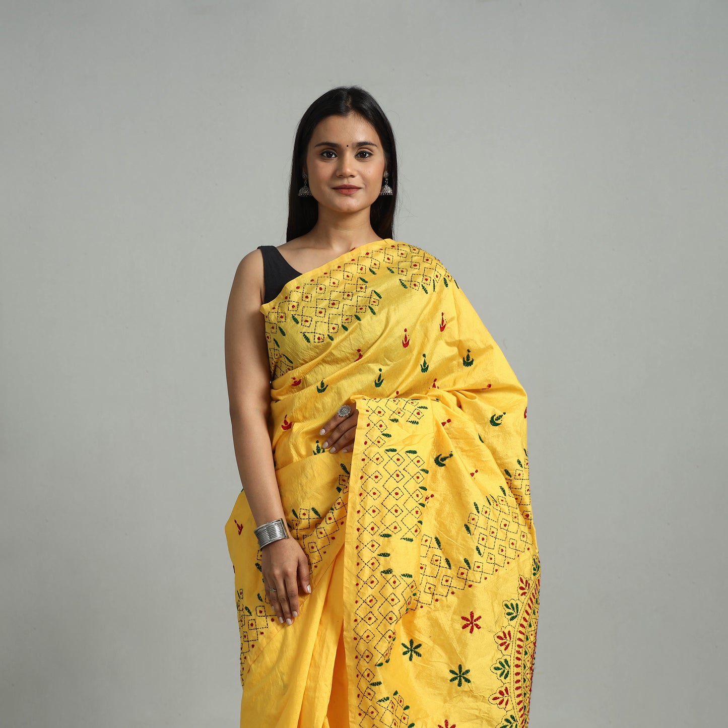 Yellow - Handcrafted Bengal Nakshi Kantha Work Silk Saree 20