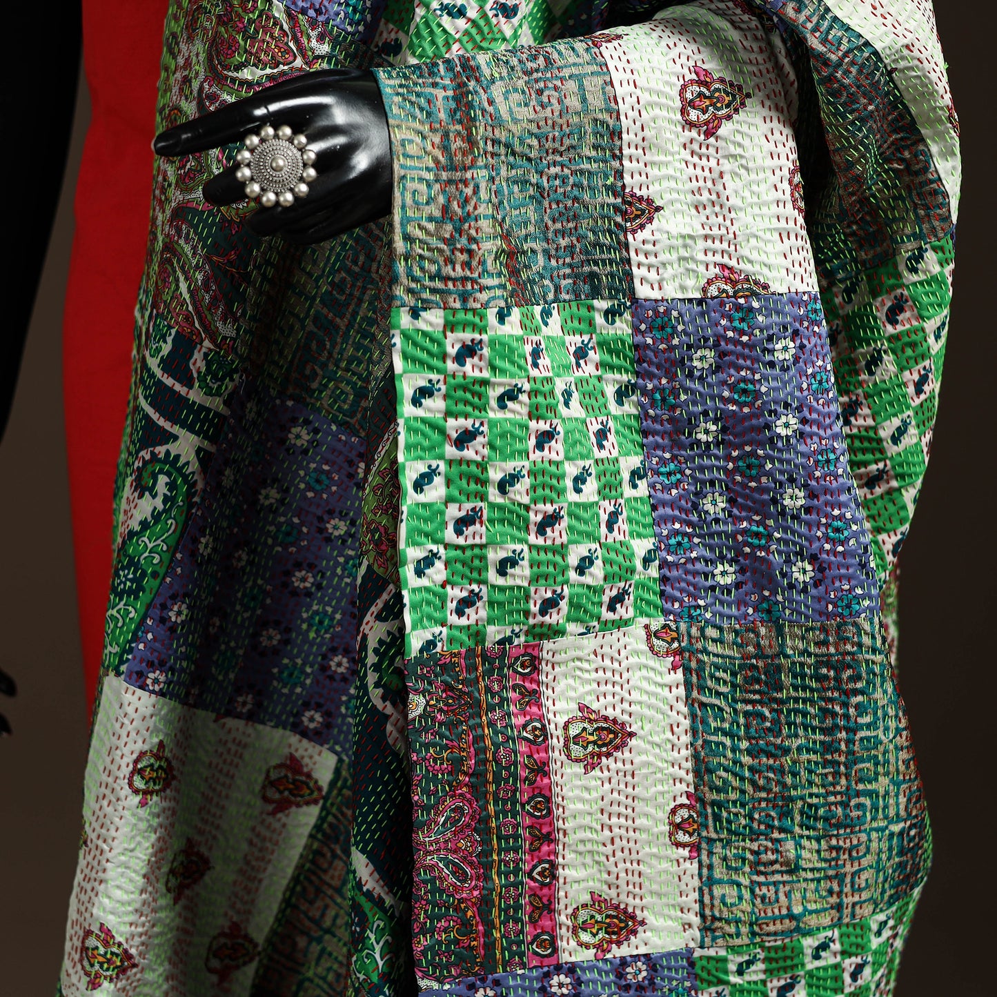 Multicolor - Bengal Hand Embroidery Patchwork Reversible Silk Kantha Dupatta 84