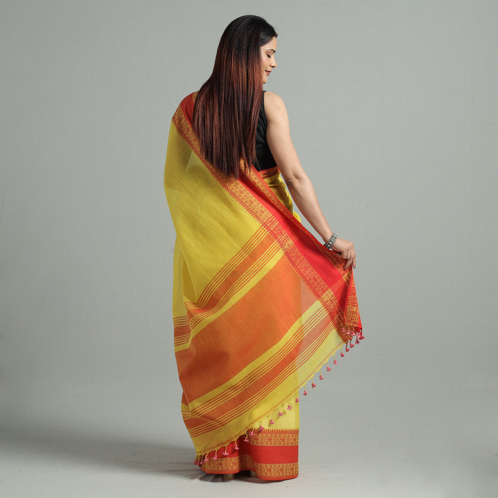 Yellow - Bengal Woven Border Handloom Pure Cotton Saree 62