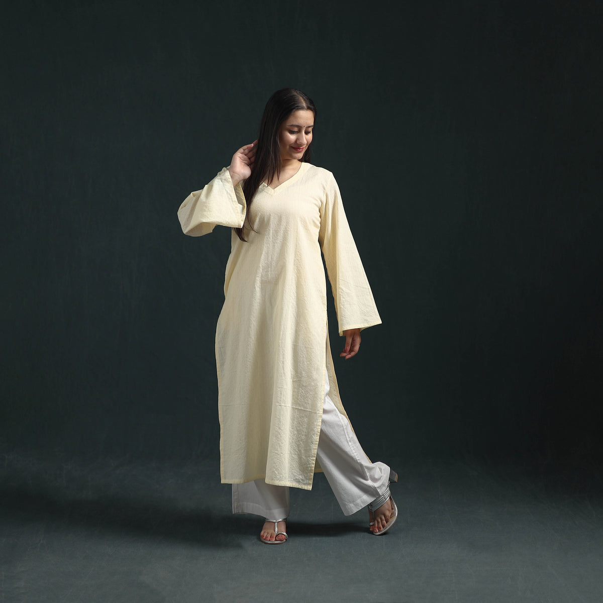 Plain Running Stitch Cotton Straight Long Kurta for women 11