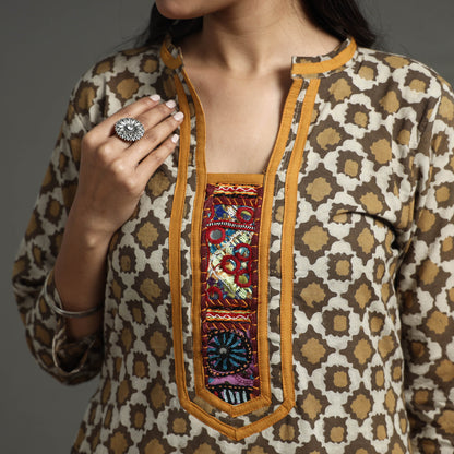Brown - Akola Hand Block Printed Cotton Straight Kurta with Kutch Embroidery Patchwork