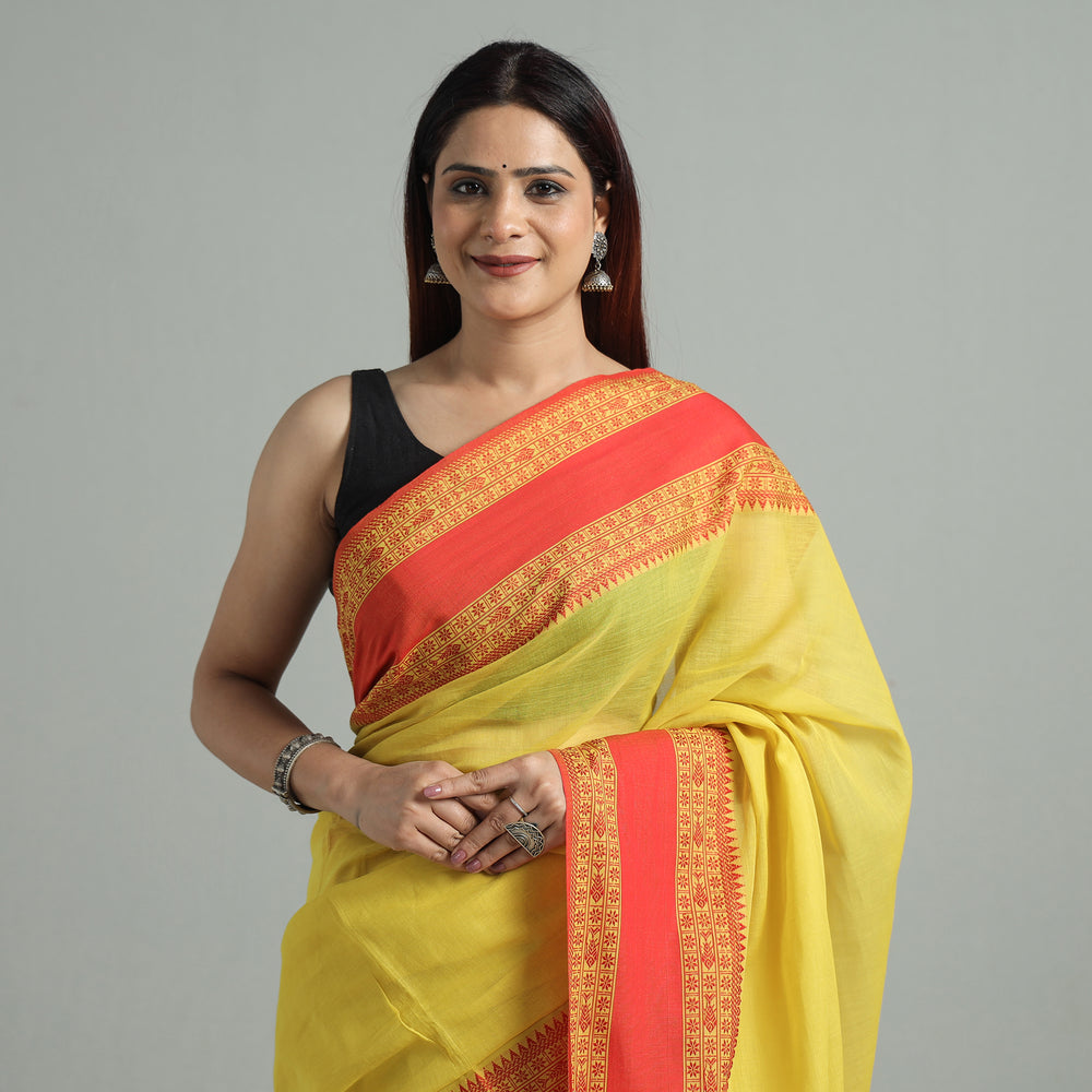 Yellow - Bengal Woven Border Handloom Pure Cotton Saree 62