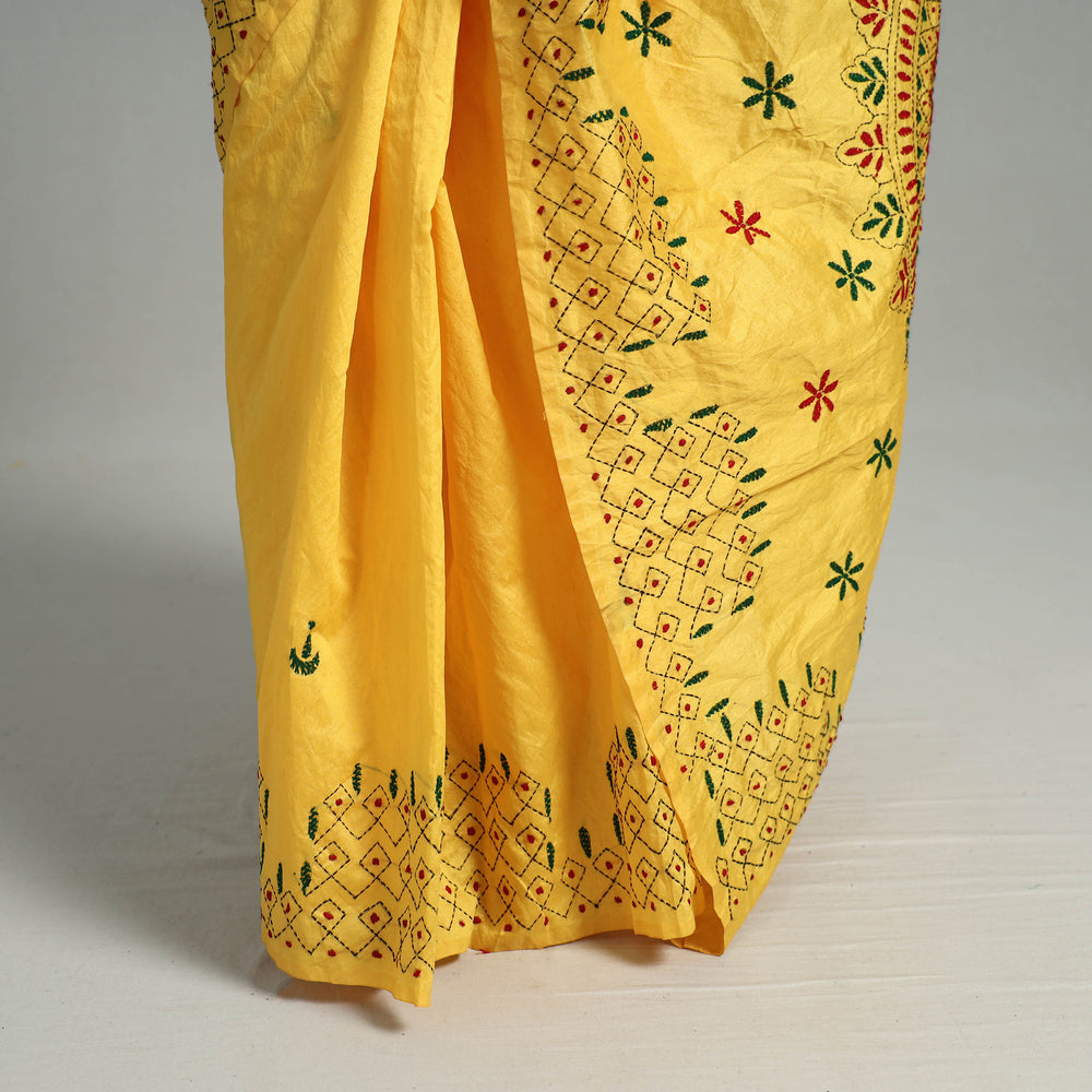 Yellow - Handcrafted Bengal Nakshi Kantha Work Silk Saree 20