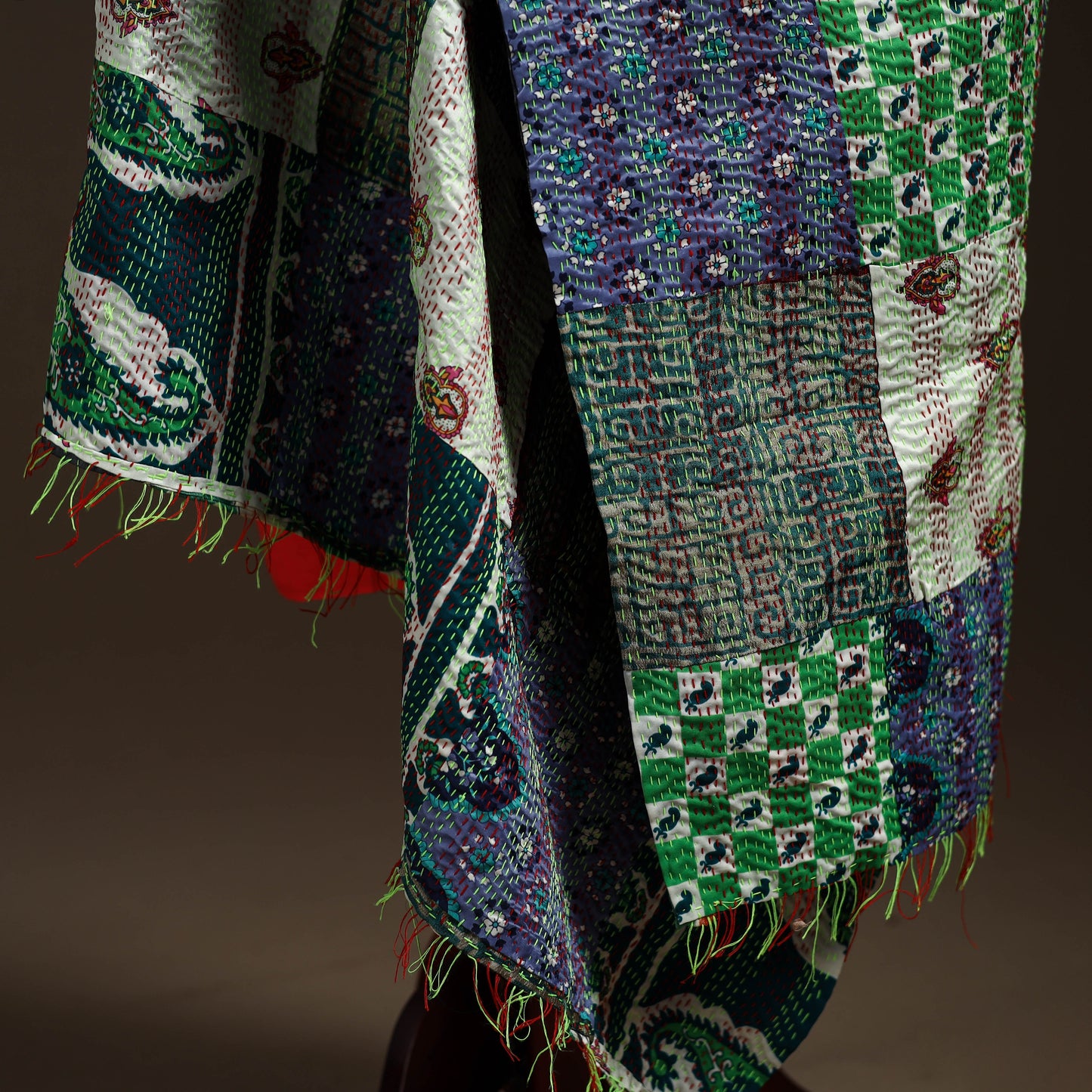 Multicolor - Bengal Hand Embroidery Patchwork Reversible Silk Kantha Dupatta 84