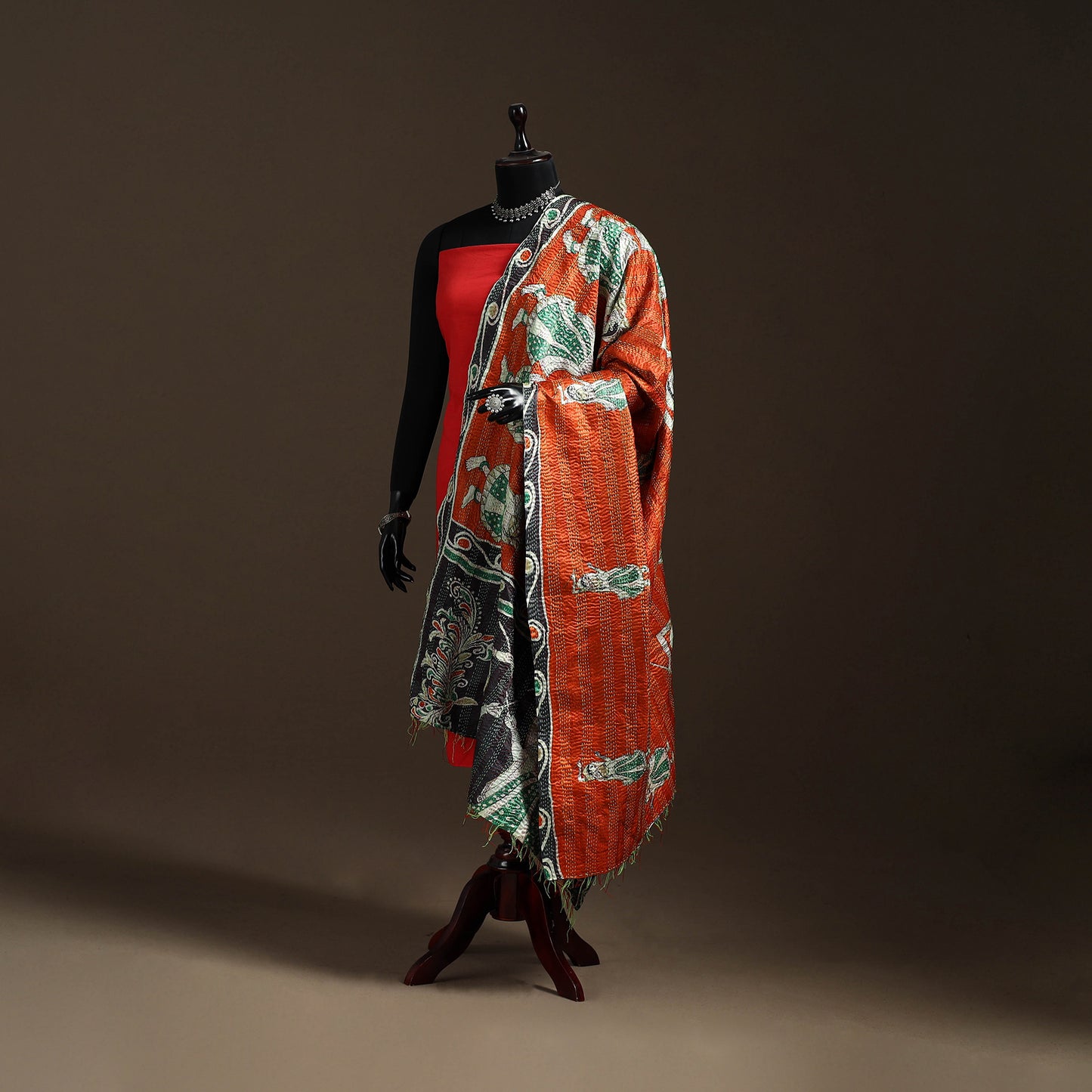 Multicolor - Bengal Hand Embroidery Patchwork Reversible Silk Kantha Dupatta 84