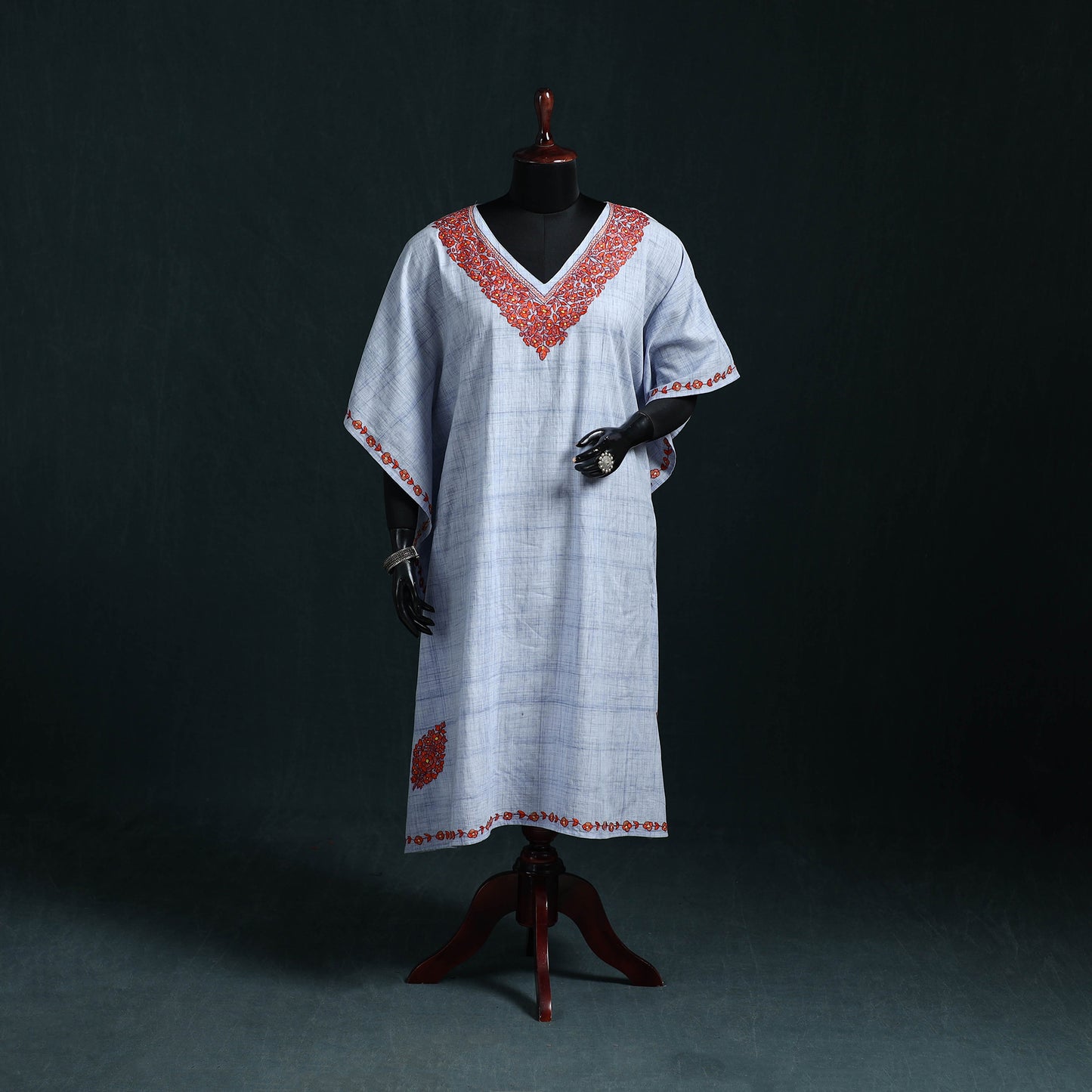 White - Kashmiri Kashida Hand Embroidered Cotton Kaftan (Medium) 31