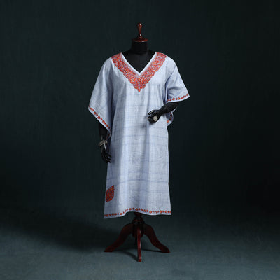 White - Kashmiri Kashida Hand Embroidered Cotton Kaftan (Medium) 31