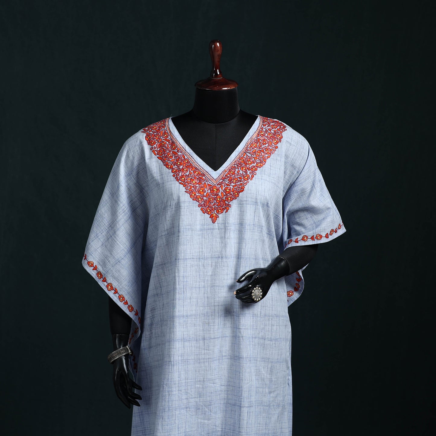 White - Kashmiri Kashida Hand Embroidered Cotton Kaftan (Medium) 31