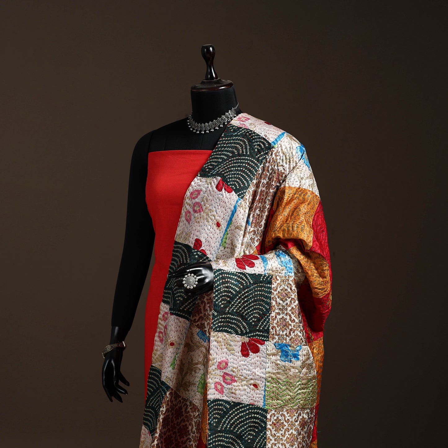 Multicolor - Bengal Hand Embroidery Patchwork Reversible Silk Kantha Dupatta 85