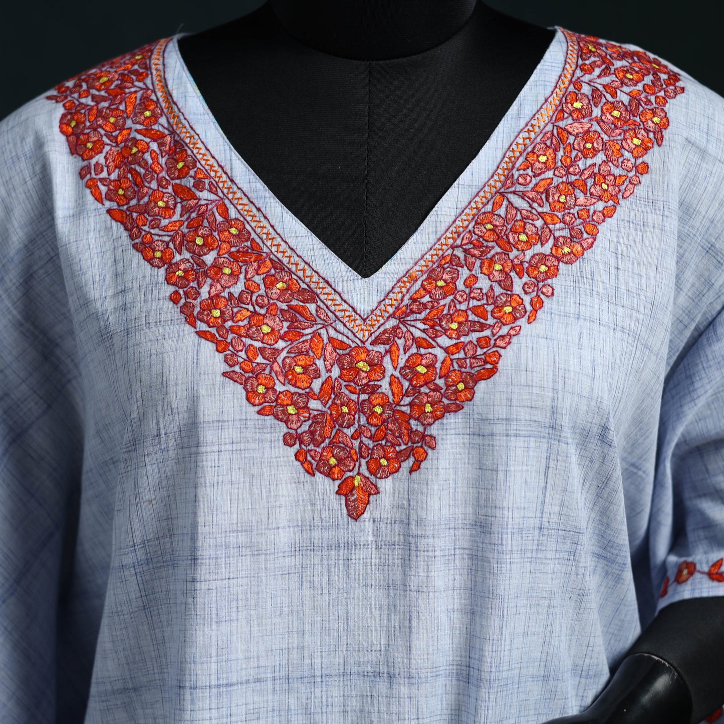White - Kashmiri Kashida Hand Embroidered Cotton Kaftan (Medium) 31
