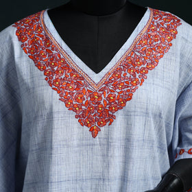 White - Kashmiri Kashida Hand Embroidered Cotton Kaftan (Medium) 31
