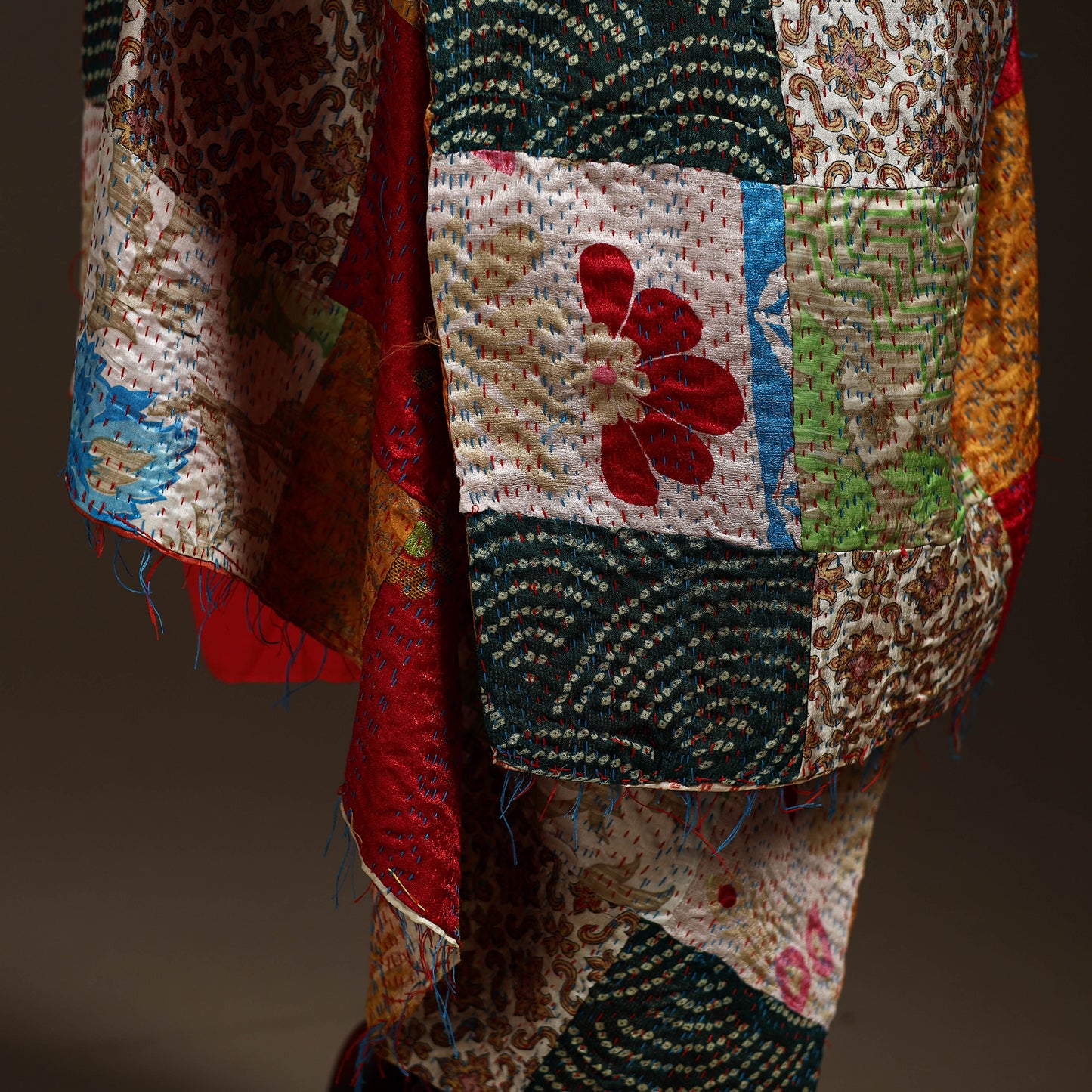 Multicolor - Bengal Hand Embroidery Patchwork Reversible Silk Kantha Dupatta 85