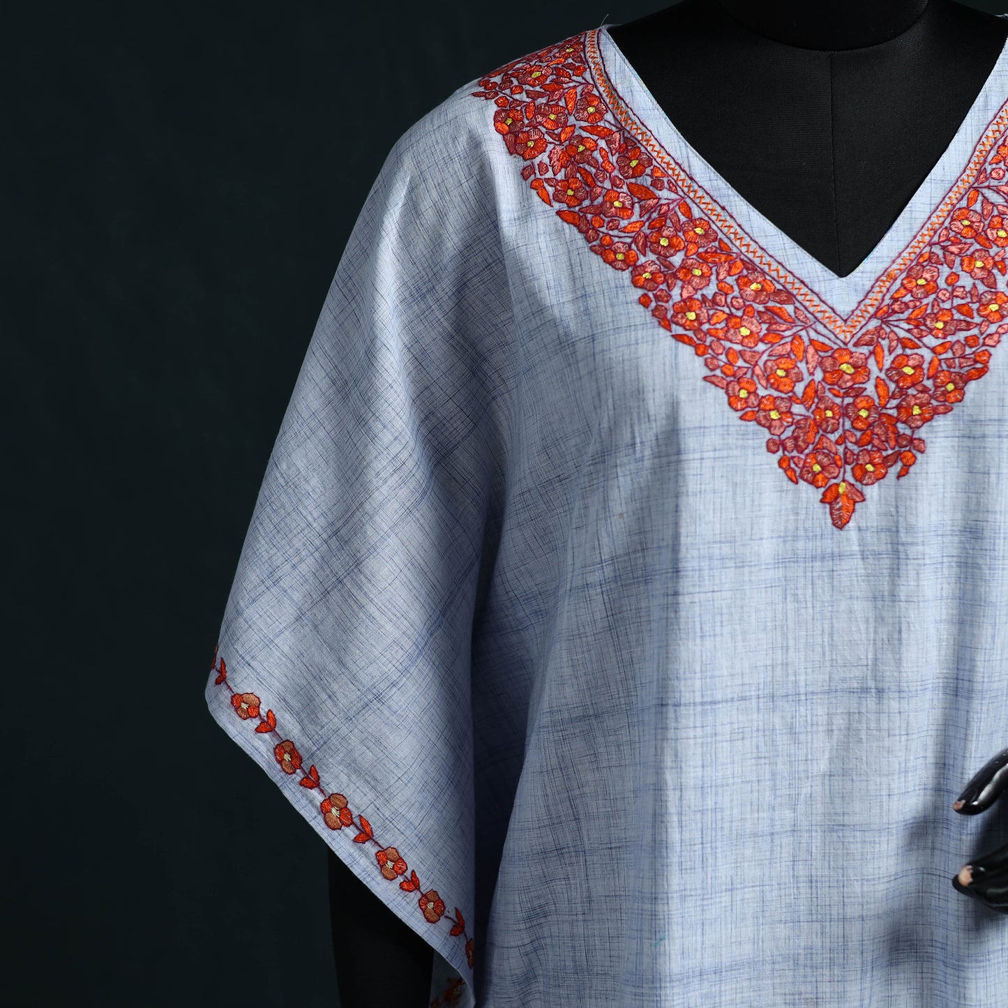 White - Kashmiri Kashida Hand Embroidered Cotton Kaftan (Medium) 31