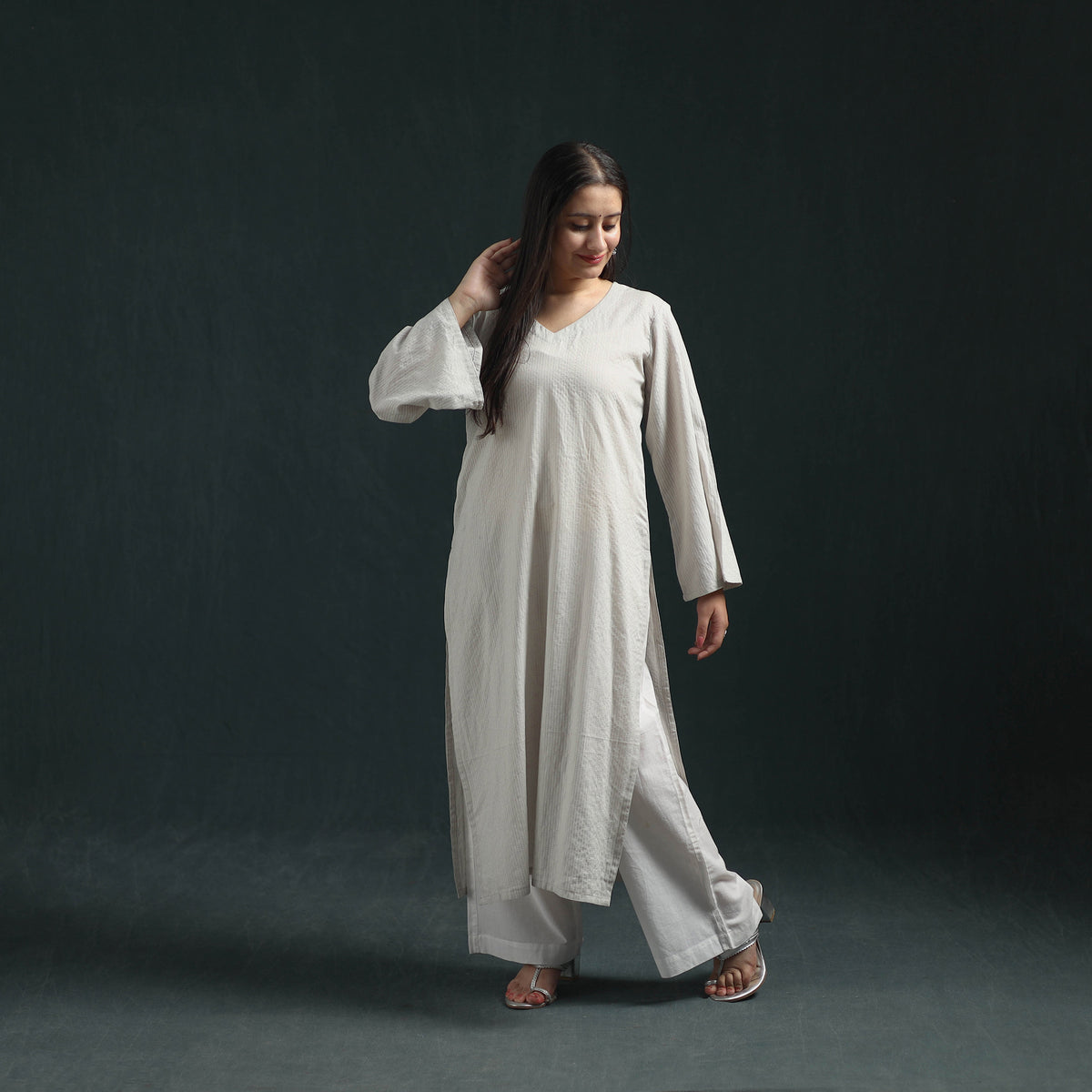 Plain Running Stitch Cotton Straight Long Kurta for women 07