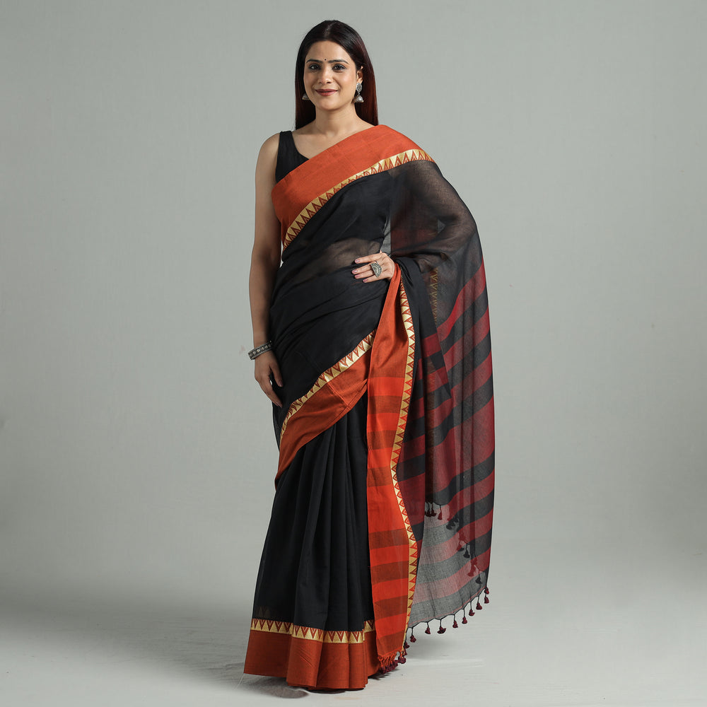 Black - Bengal Woven Border Handloom Pure Cotton Saree 63