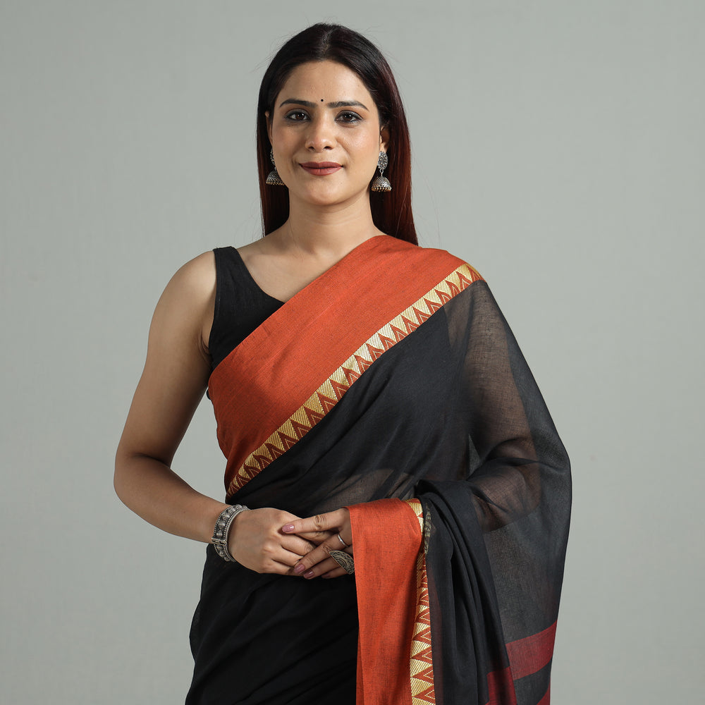 Black - Bengal Woven Border Handloom Pure Cotton Saree 63