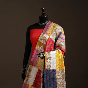 Multicolor - Bengal Hand Embroidery Patchwork Reversible Silk Kantha Dupatta 86